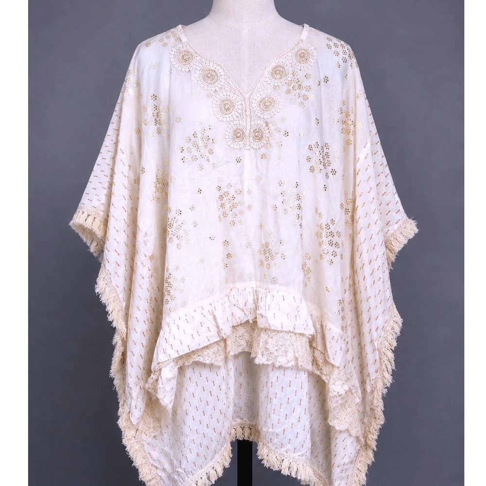 Siya White Gold Sequin Cotton Poncho Top Crochet Lace Fringe V-Neck Coverup